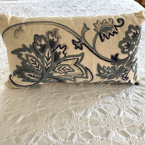 Like New Embroidered Accent Pillow, Shades of Blue on Cream, 14x20” - Picture 1 of 8